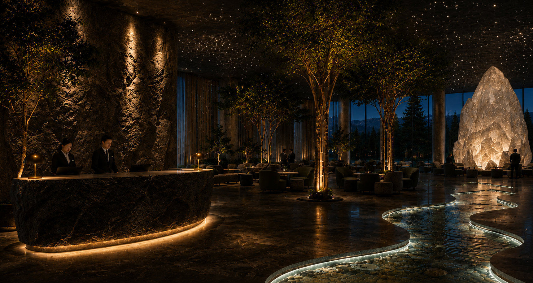 Reception hall with illuminated stream and interior forest